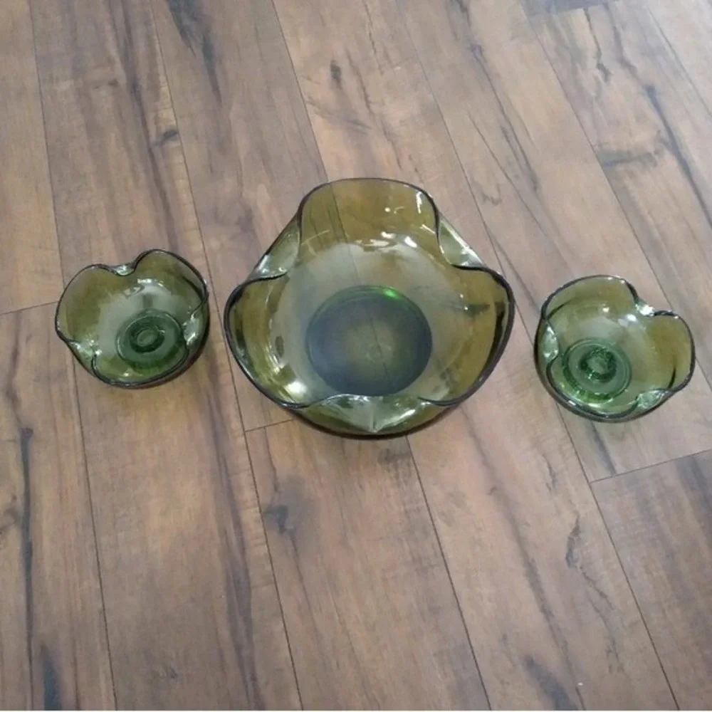 Vintage Viking Glass Olive Green‎ Swung Console Bowl and Candle Holder Set MCM